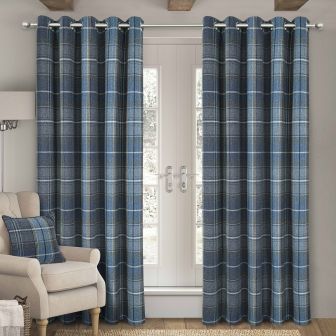 Kinross Blue Interlined Thermal Ready Made Eyelet Curtains